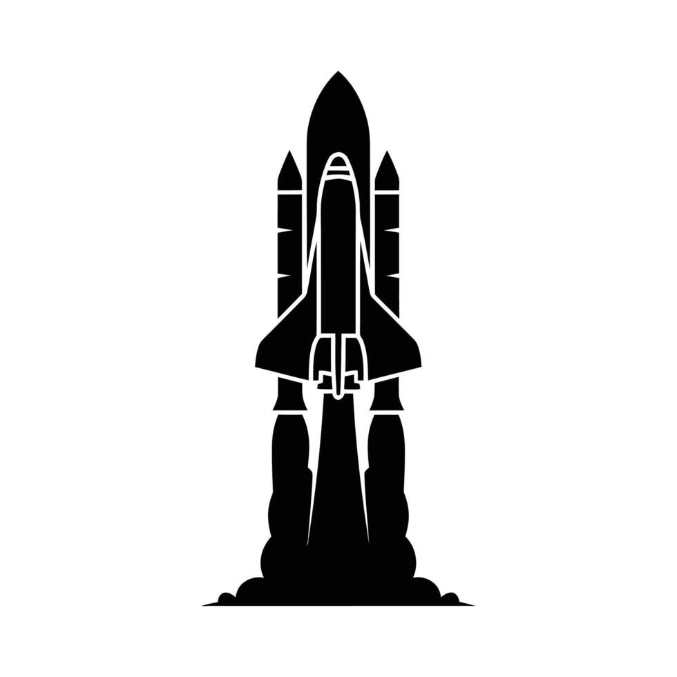 Black Silhouette of a Space Shuttle Taking Off Ascending into Space. vector