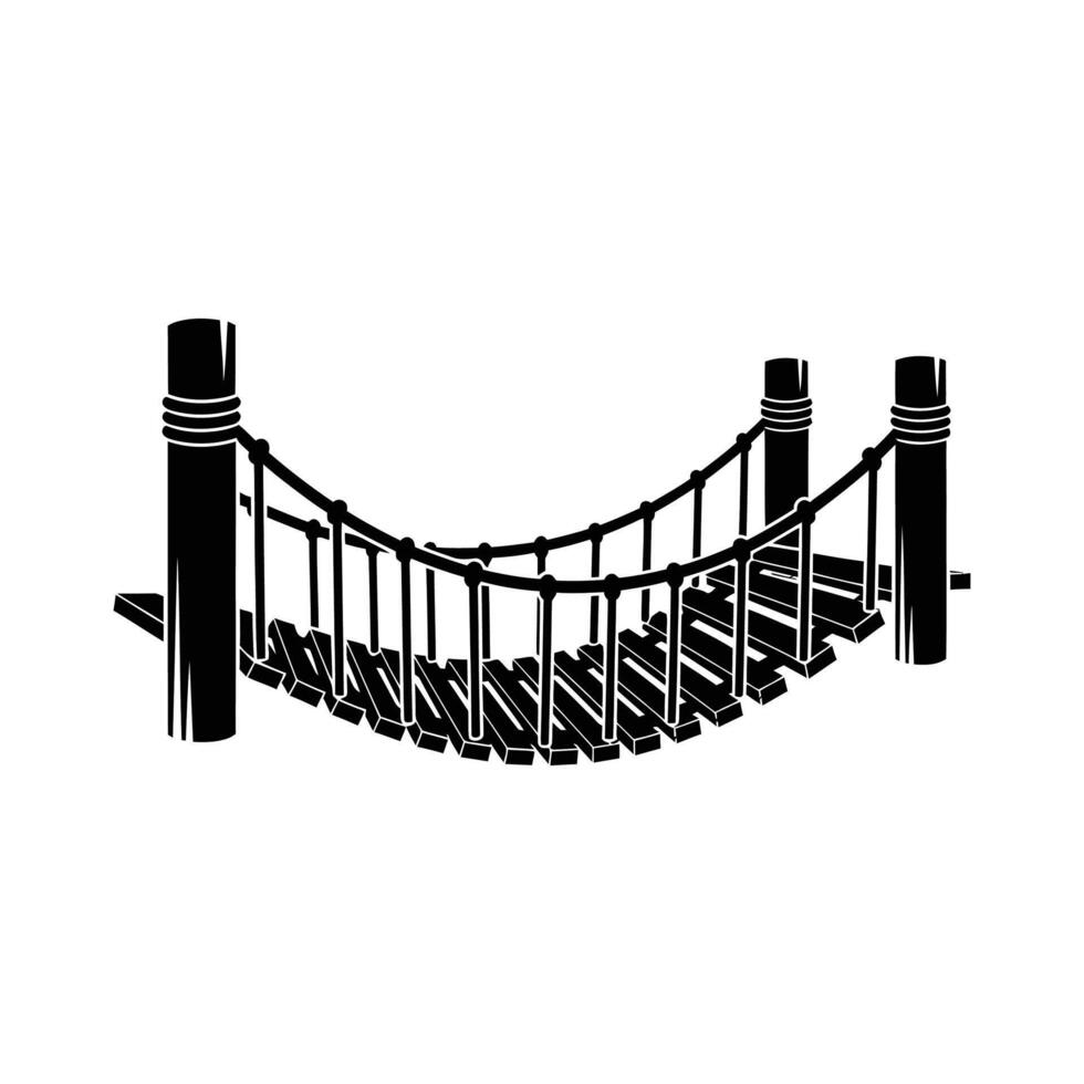 Black and White Suspension Bridge Illustration with Wooden Planks and Ropes. vector