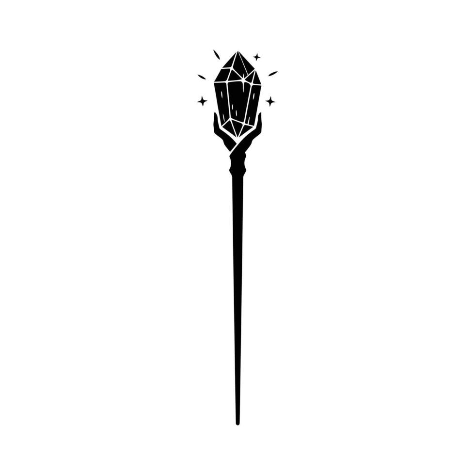 Black Crystal Staff with Sparkling Gem and Detailed HandShaped Support. vector