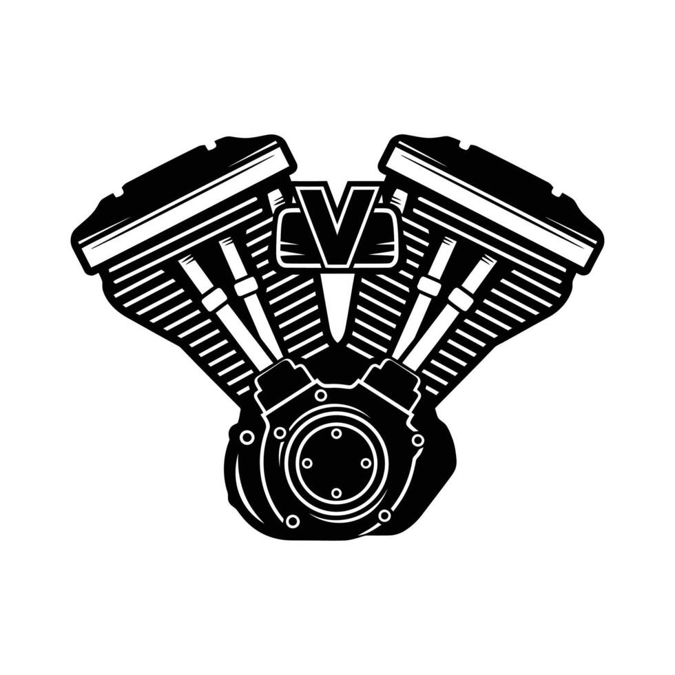 Black and White Motorcycle Engine Illustration with VShaped Design. vector