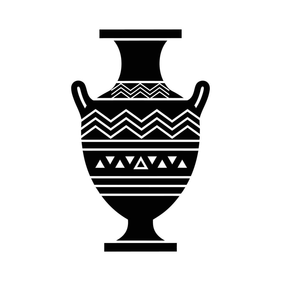 Ancient Greek Amphora with Geometric Pattern Black Silhouette Two Handles Triangular and Zigzag Decorations. vector