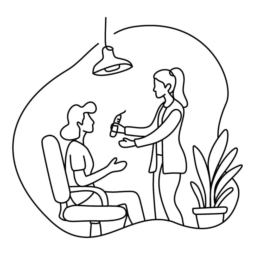 Dentist showing dental tools to patient in a minimalist line art style. vector