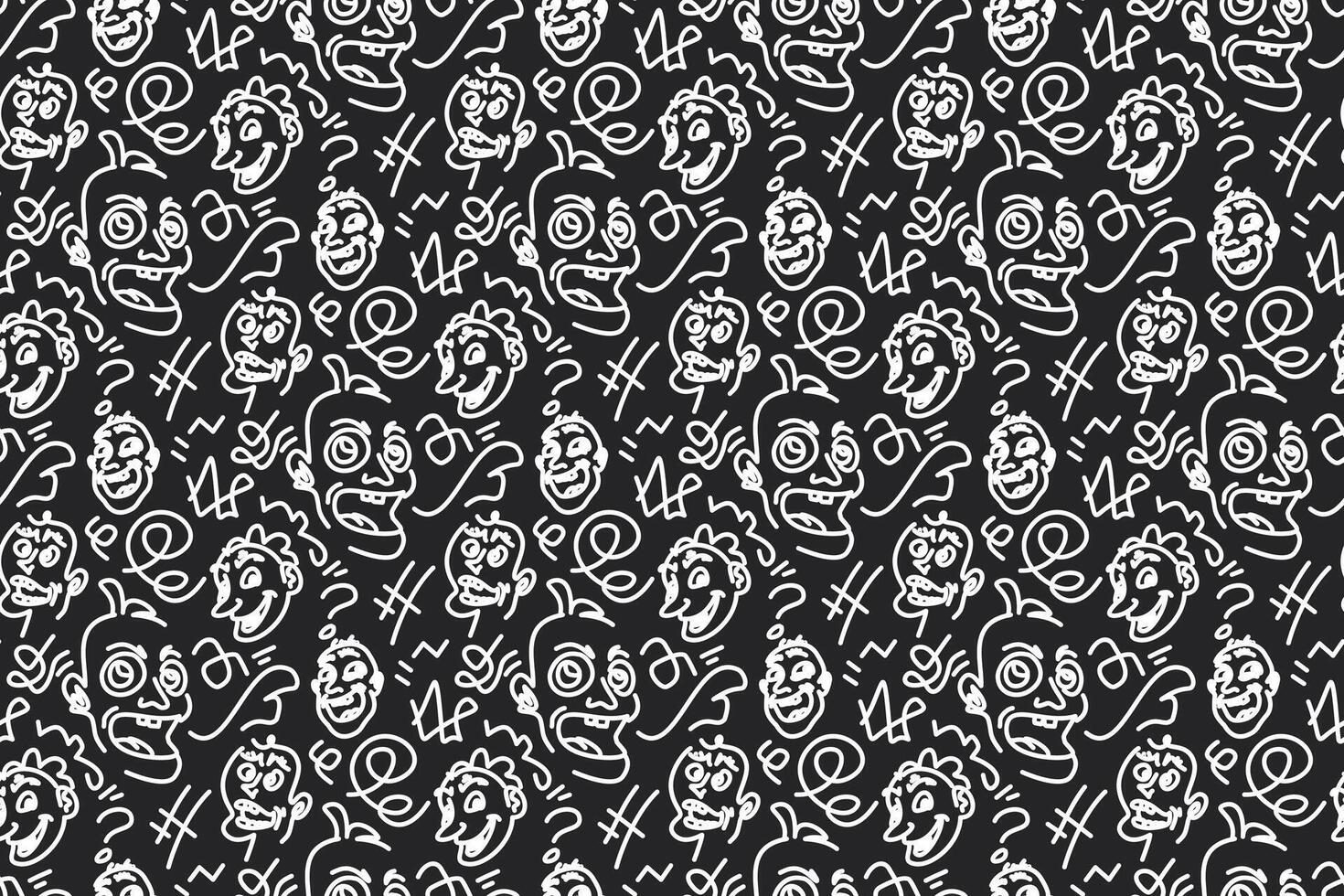 Whimsical Doodle Faces Pattern with Expressive Expressions and Abstract Elements vector