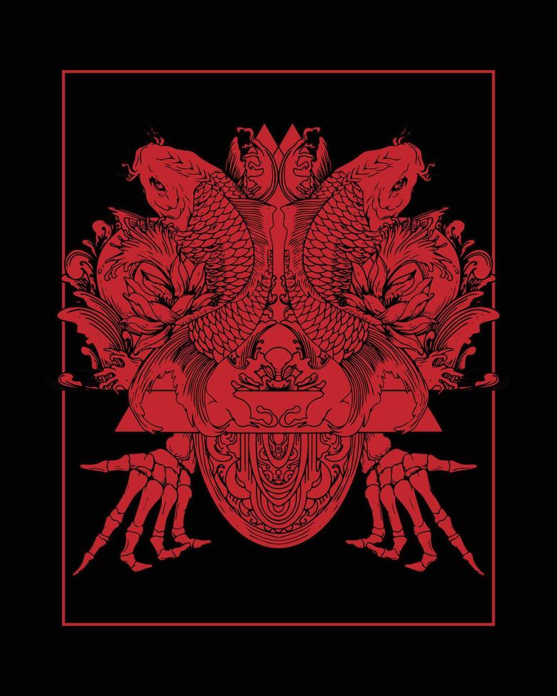koi fish illustration and flower and hand bone vector
