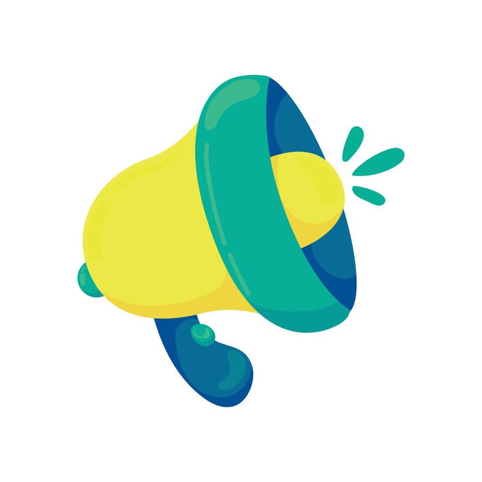 Cartoon-style megaphone icon in bright yellow, green, and blue. Perfect for alert, notification, sound, volume, announcement, or social communication related designs. vector