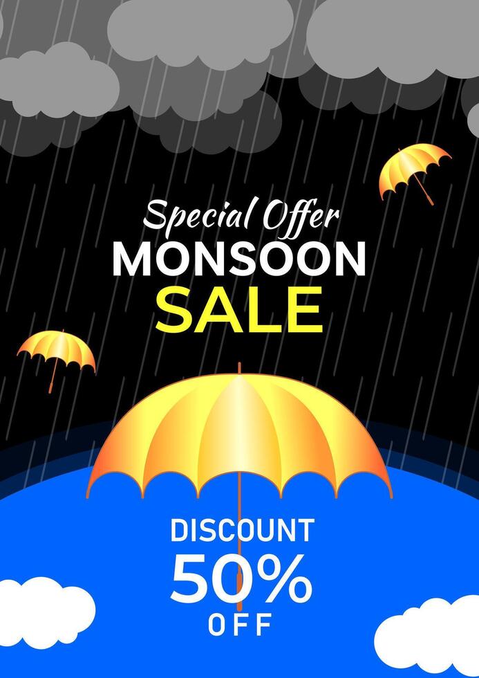 Monsoon Sale Special Offers Poster template. Design of illustrated rain cloudy dark and golden umbrella vector