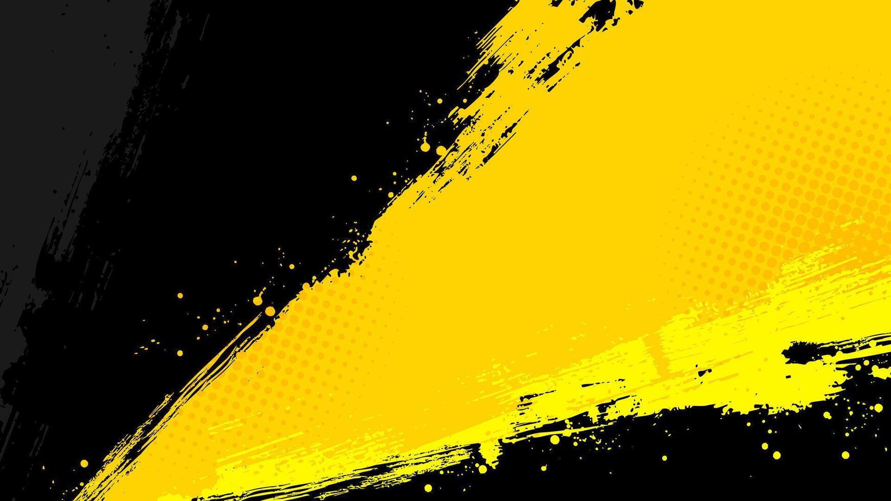 Yellow background with overlapping diagonal black brush strokes and halftone dots. vector