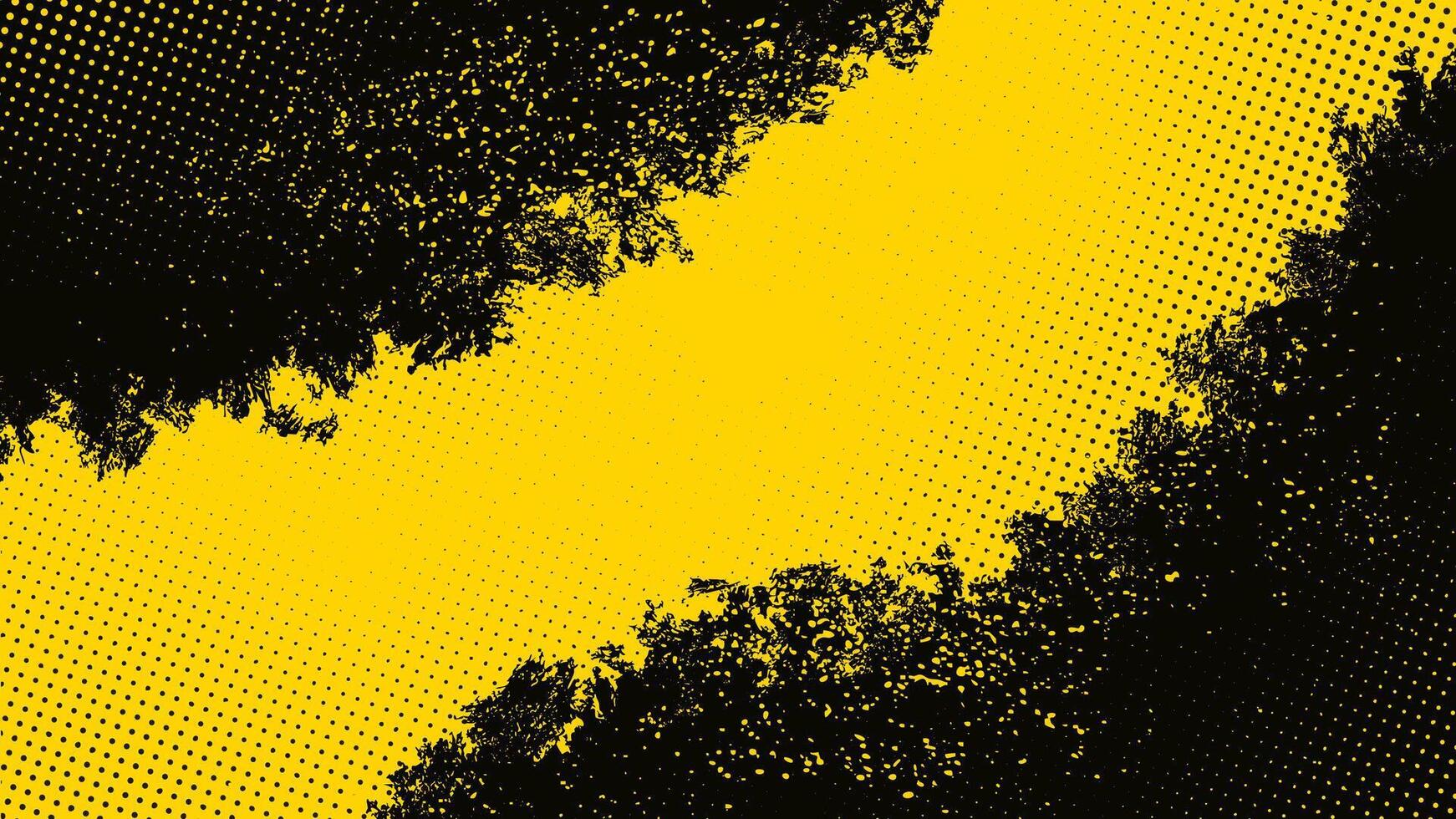 Yellow grunge background with black stains curved pattern with halftone dots. vector