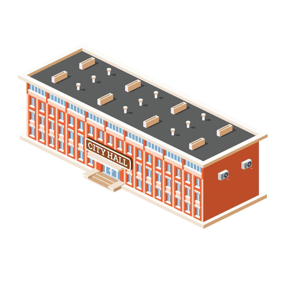 Isometric illustration of a city hall or town hall building with a red brick facade and flat roof. Building isolated on white background. vector