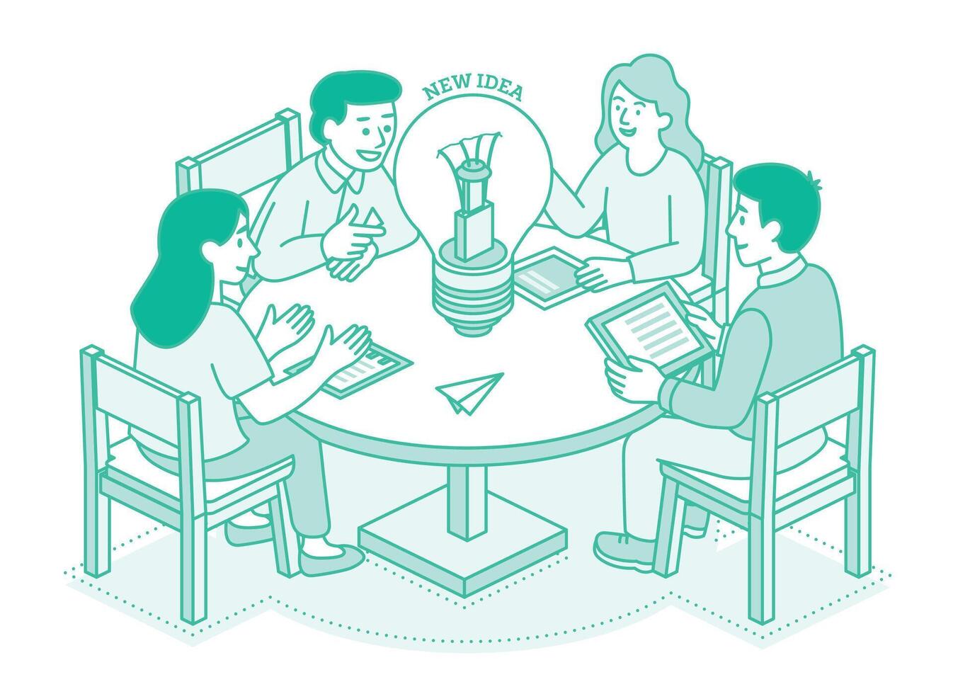 Creative team brainstorming at a round table. Four people discuss ideas with light bulb. Business innovation and teamwork concept. Isometric illustration. vector
