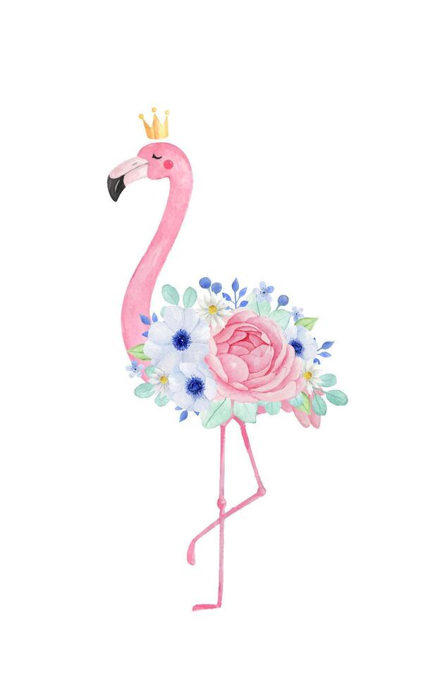 Flamingo with flowers and crown illustration vector