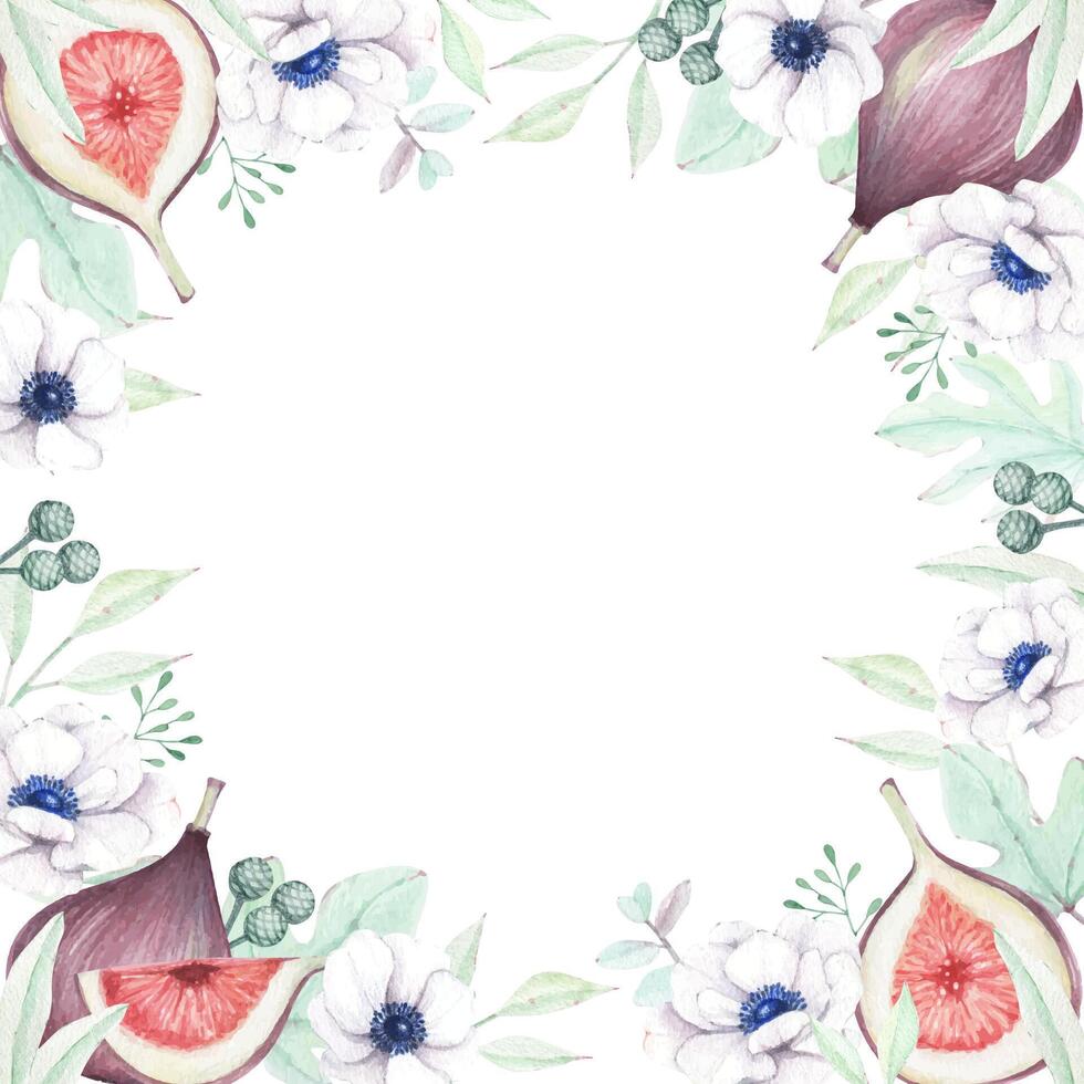 Watercolor floral frame with figs vector