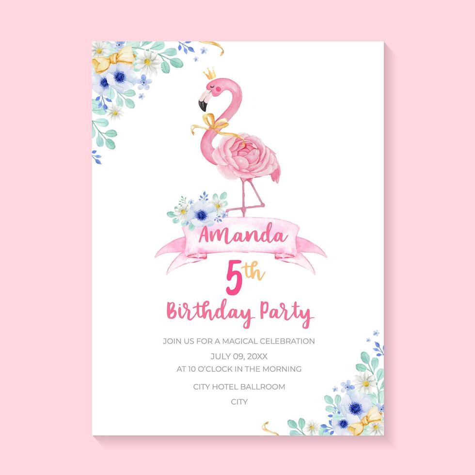 Colorful birthday invitation with flamingo vector