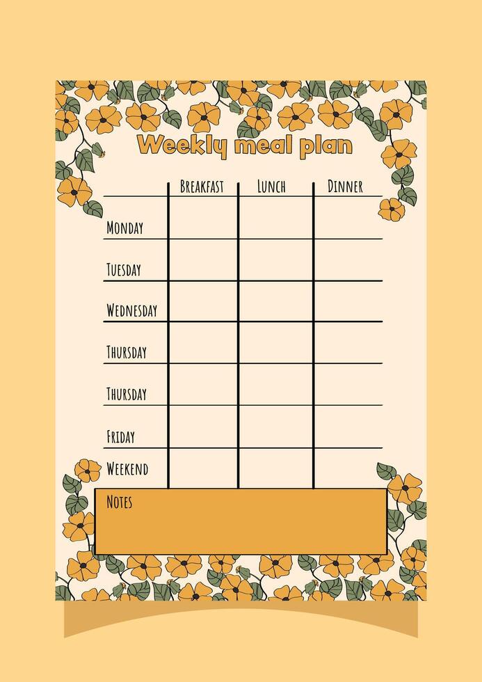 Weekly meal plan template with floral design vector