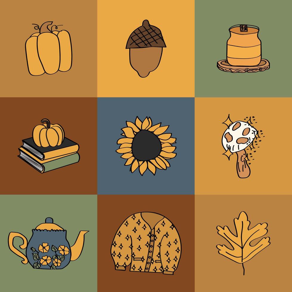 Autumn themed illustrations of various icons vector