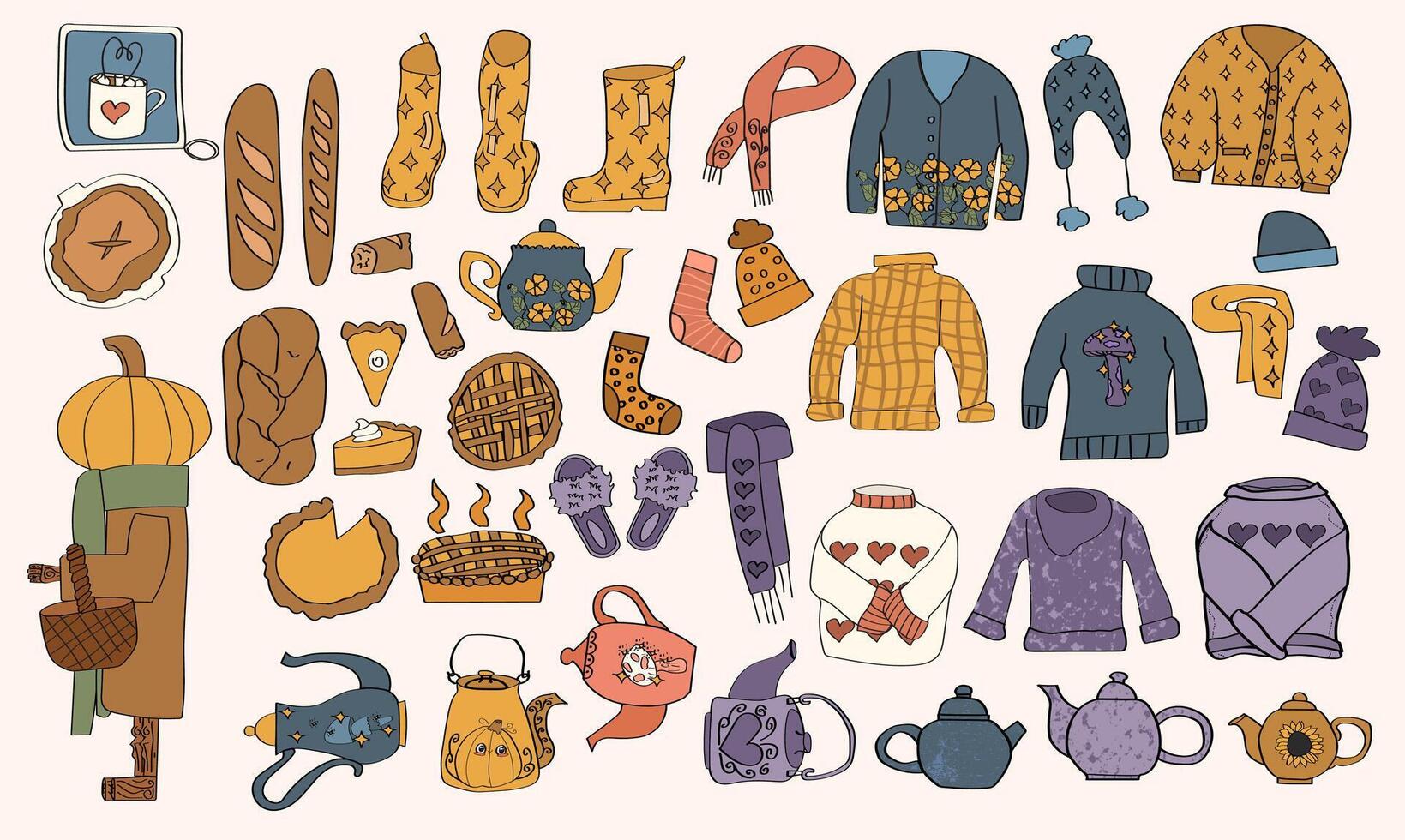 Cozy autumn items illustration including sweaters vector