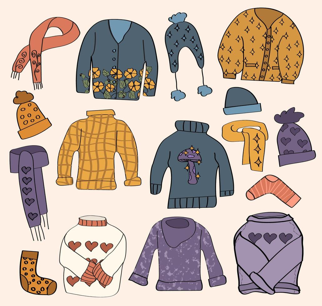 Colorful sweaters and winter accessories vector