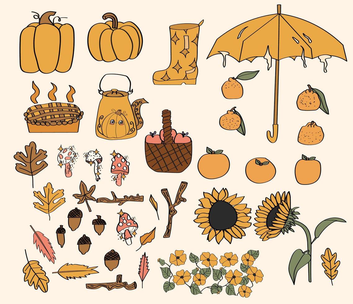 Autumn illustrations of pumpkins and sunflowers vector