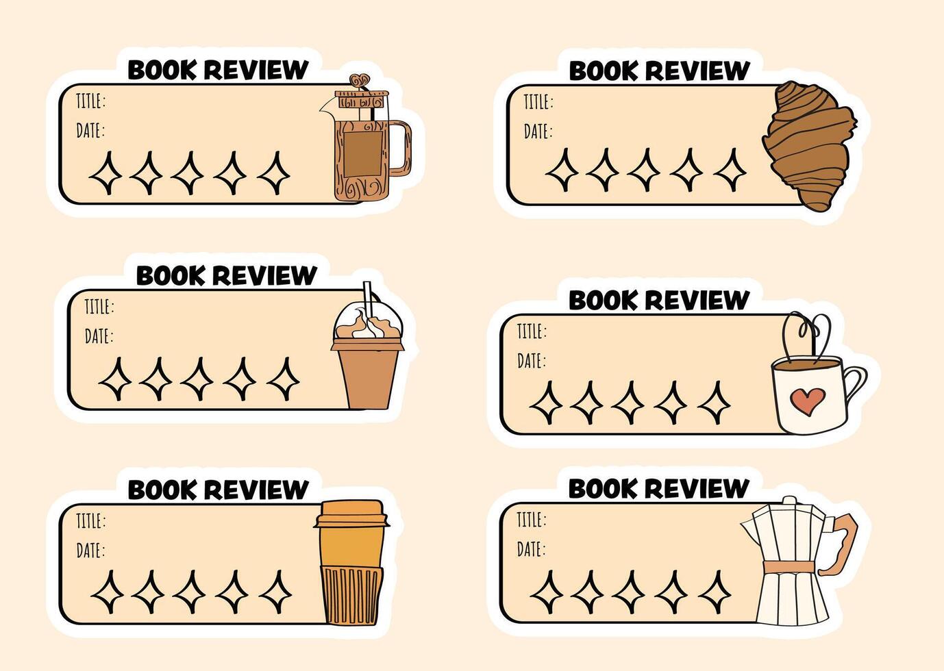 A set of coffee-themed book review stickers. vector