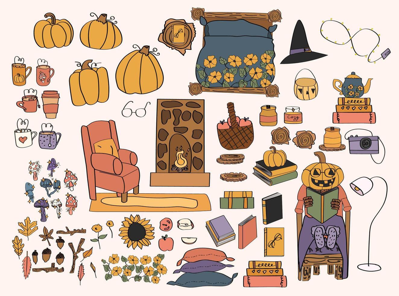 Cozy autumn illustration with pumpkins and decor vector