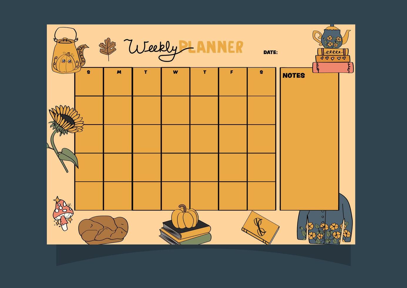 Autumn themed weekly planner. Planner for monthly and daily organizing. vector