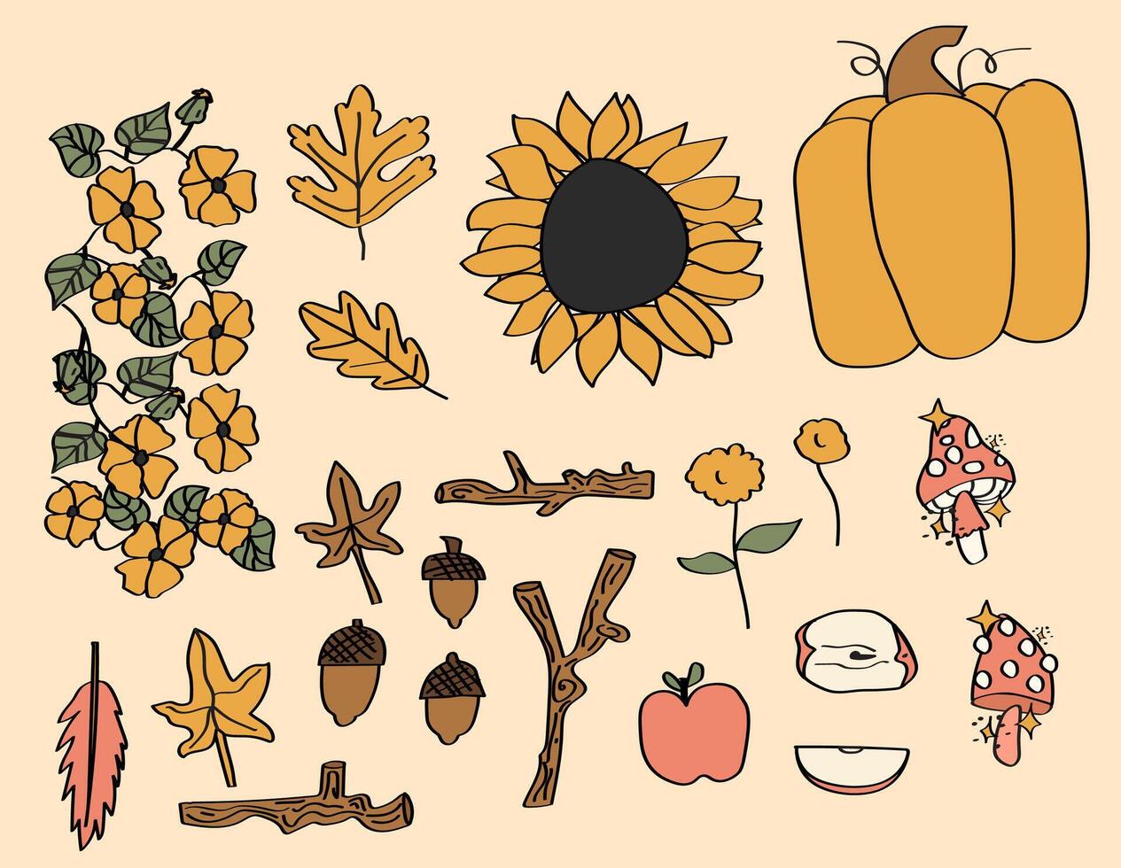 A set of autumn fruits, flowers, leaves, and vegetables. vector
