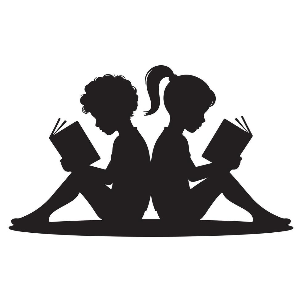 School Kids Reading Book Silhouette Design vector