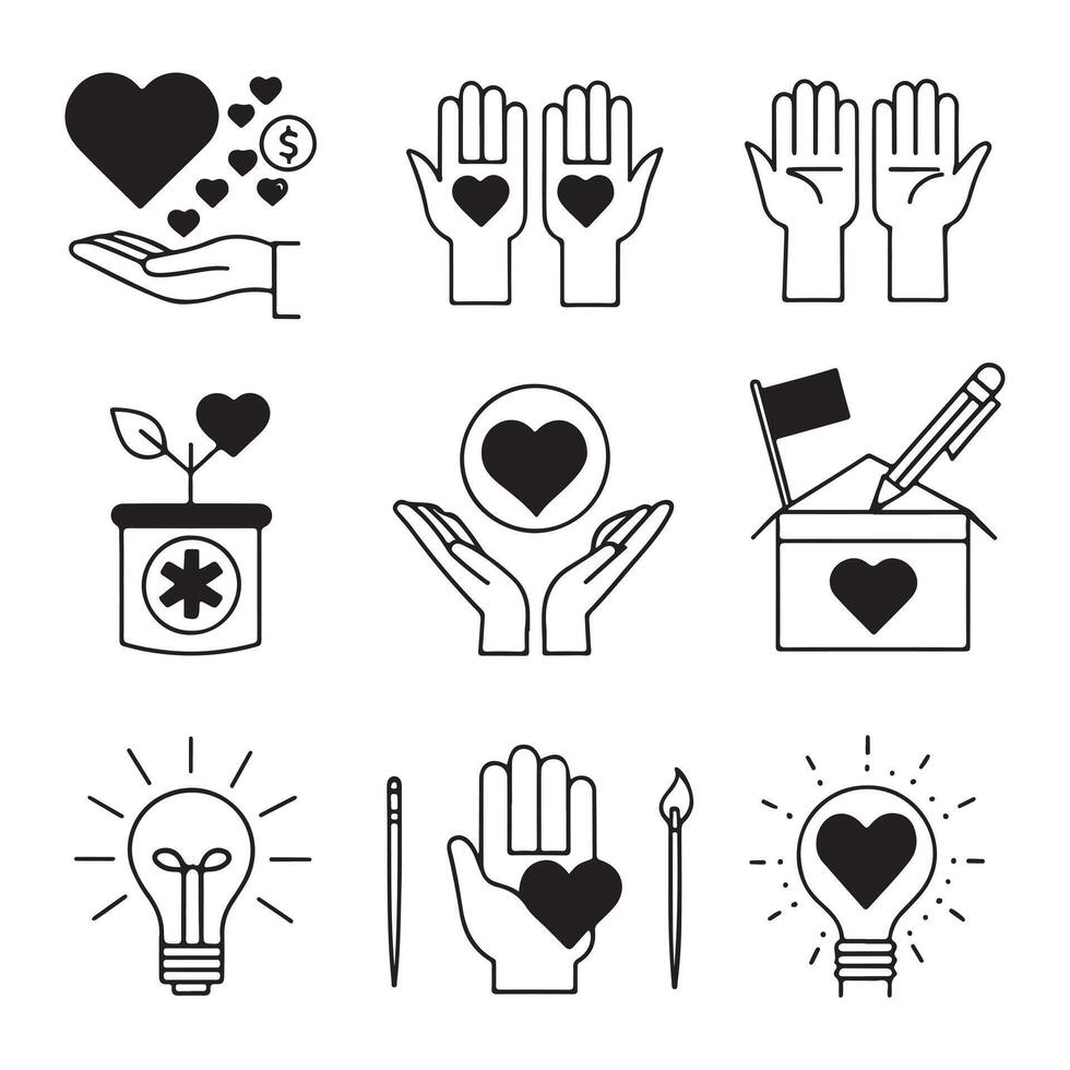 Charity Icon Set Hands Hearts and Hope Symbols vector