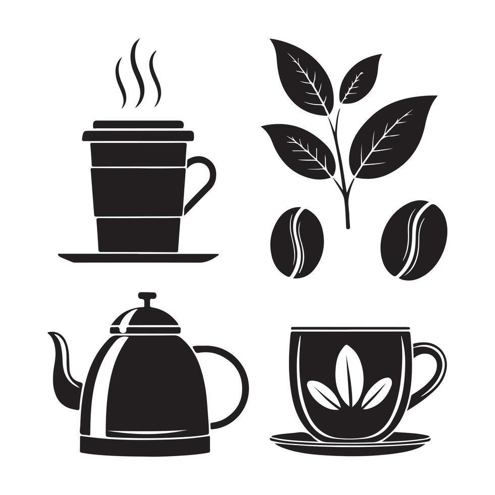 Coffee Silhouette Clipart Bundle with Mugs Beans and Kettles vector