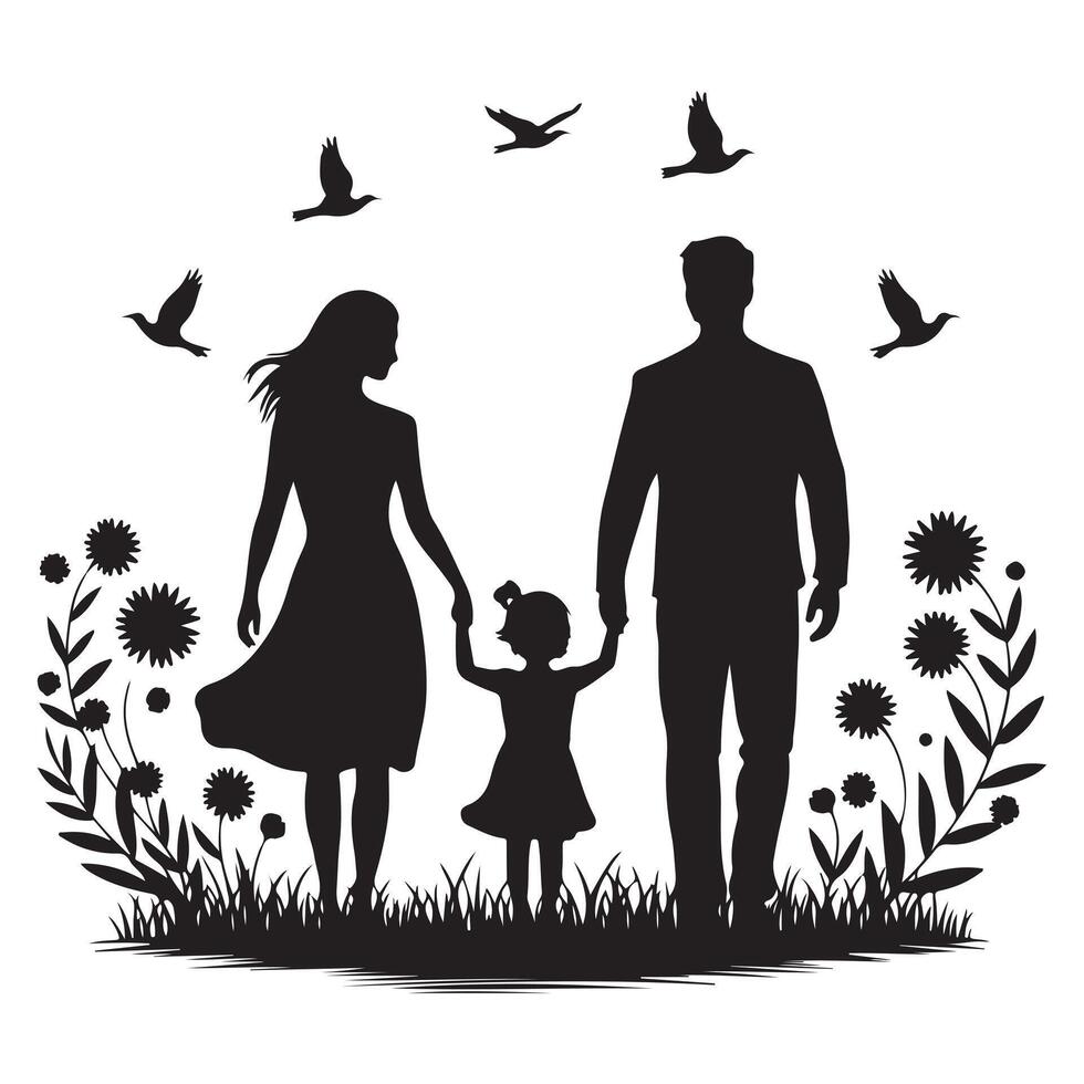 Family Silhouette Art with Nature and Birds Peaceful Unity Design vector