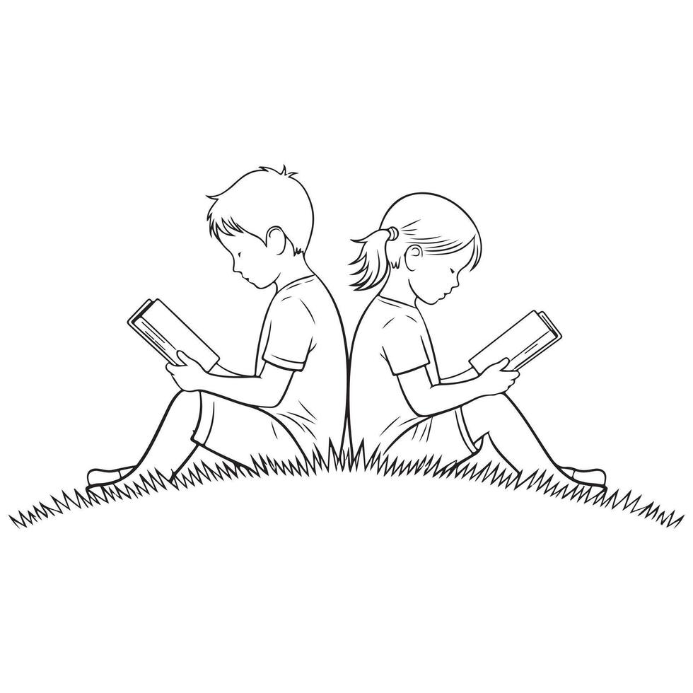 Children Reading Silhouette Educational Art Design vector