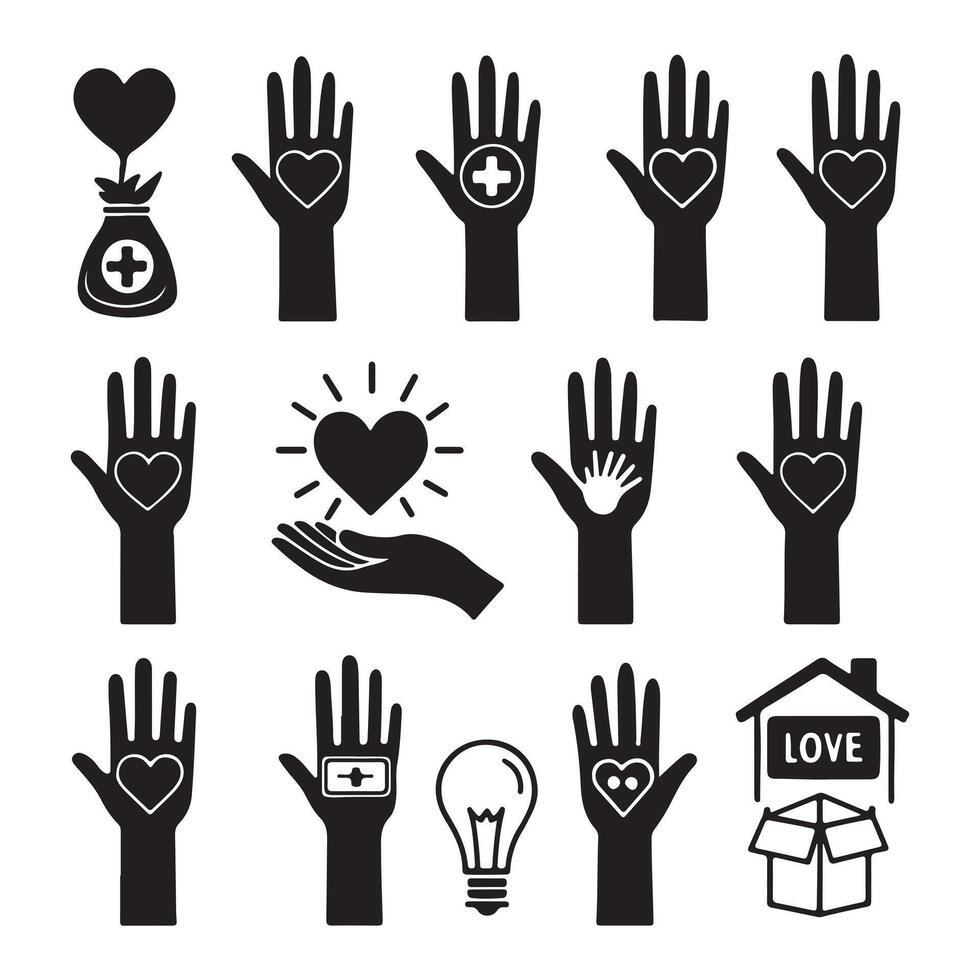 Humanitarian Help Icons with Hands and Hearts vector