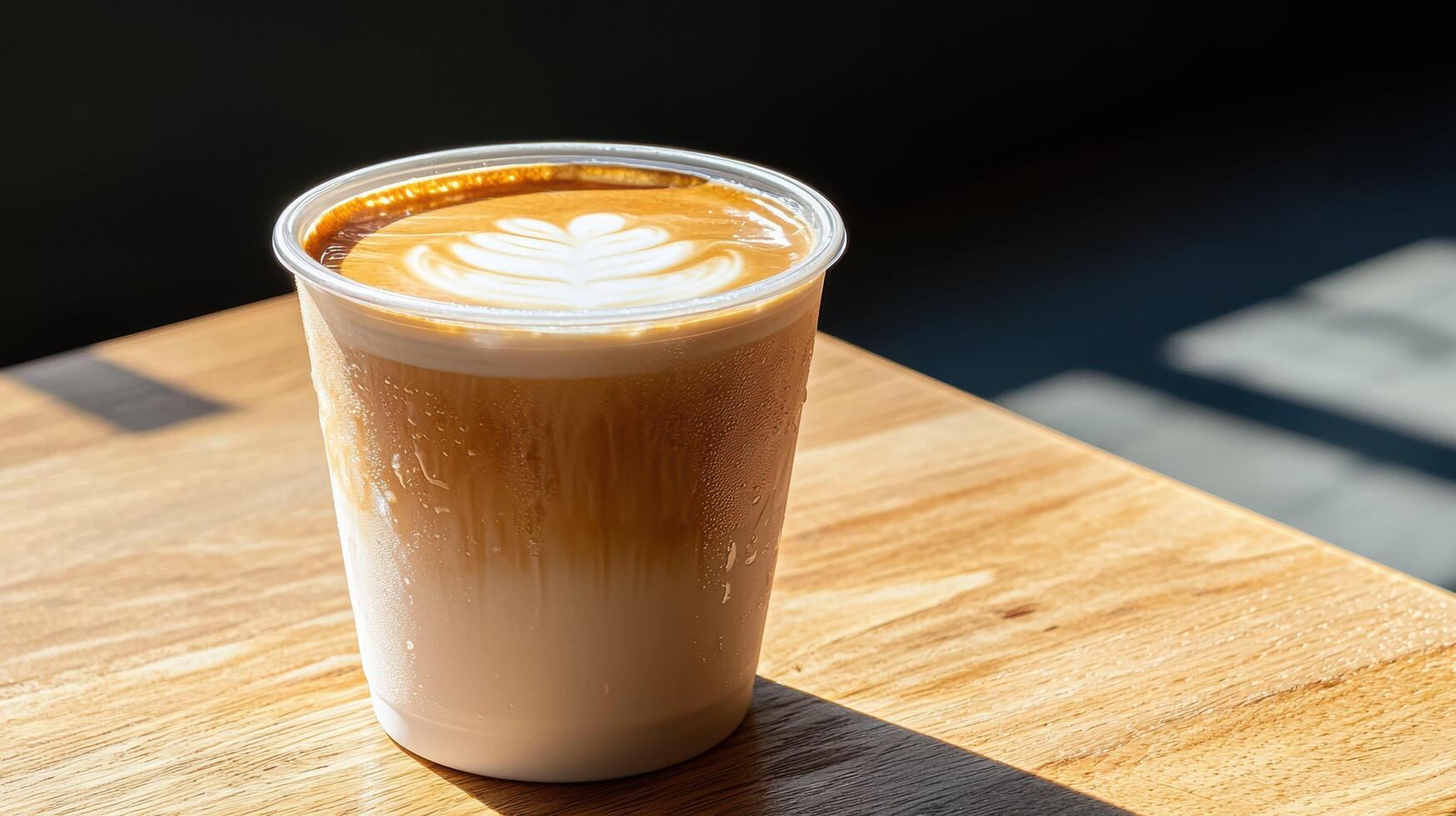 Iced latte in plastic cup on wooden table with milk foam art and condensation, captured in warm light with soft shadows and modern minimal setting. photo