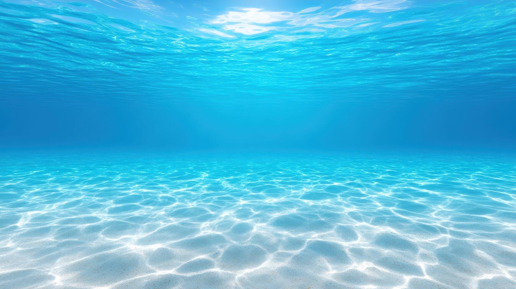 Clear blue underwater ocean scene with sunlight showing light reflections on sandy sea floor in a calm and tropical marine environment. photo