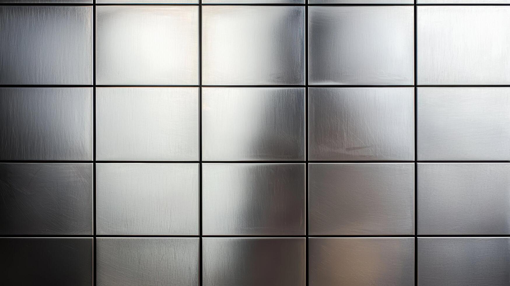 Brushed metal square wall panel texture featuring reflective surface and grid alignment with a smooth industrial finish. photo