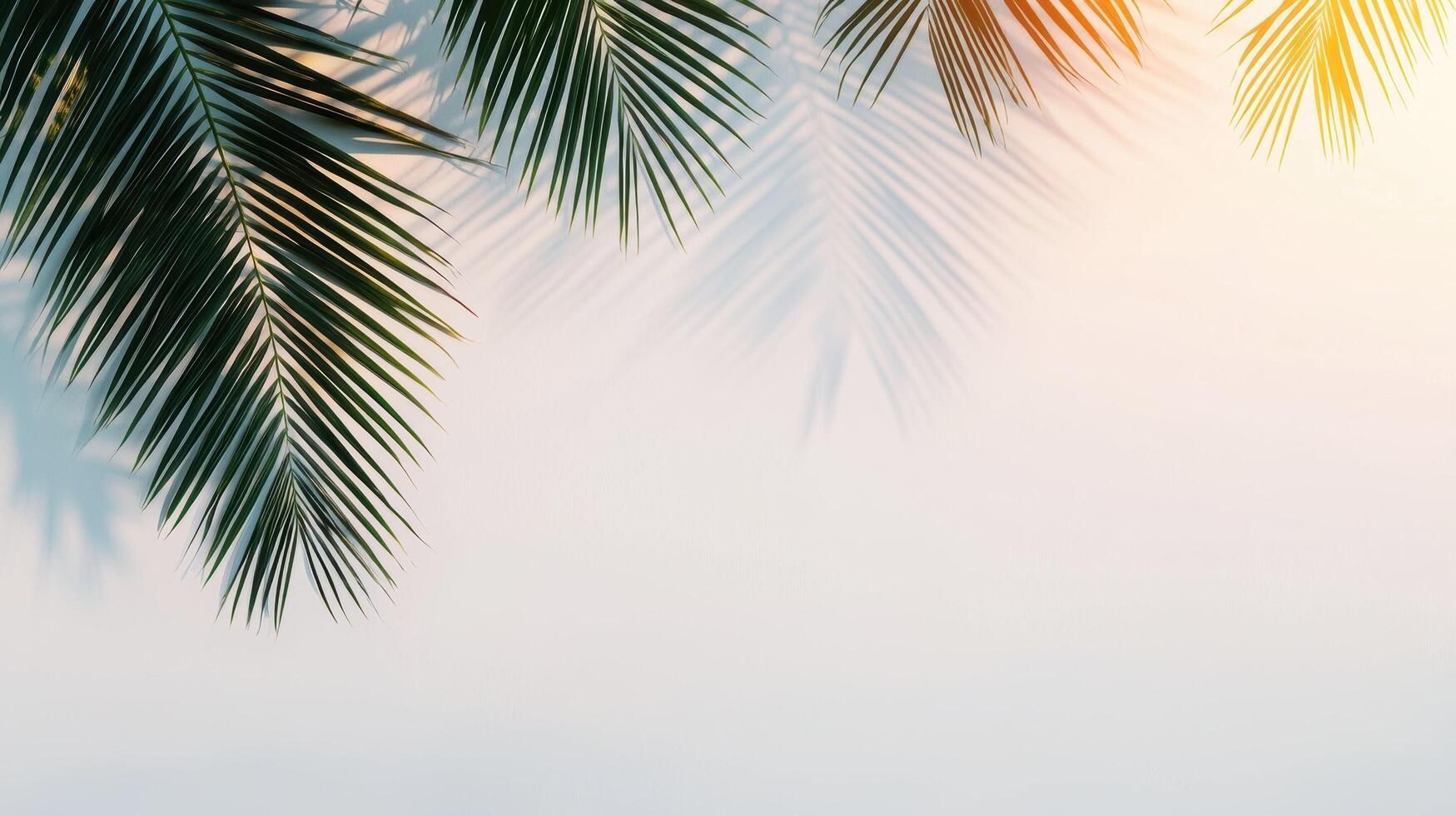 Palm leaves casting shadows on white wall background with warm sunlight creating tropical and minimalistic summer mood. photo