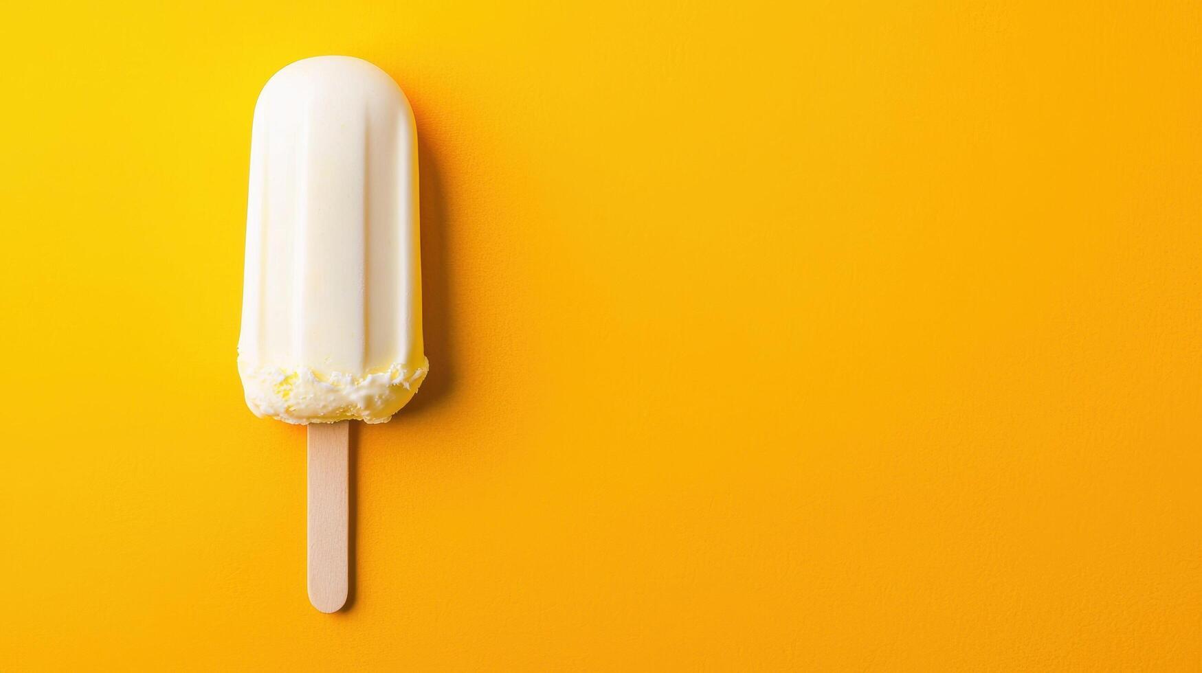 Vanilla ice cream popsicle on yellow background with creamy texture and vibrant contrast creating a fresh and appetizing summer dessert visual. photo