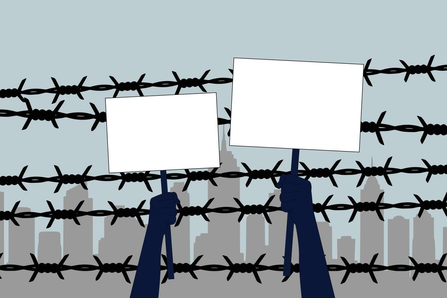 Hands holding blank protest signs behind barbed wire and cityscape. vector