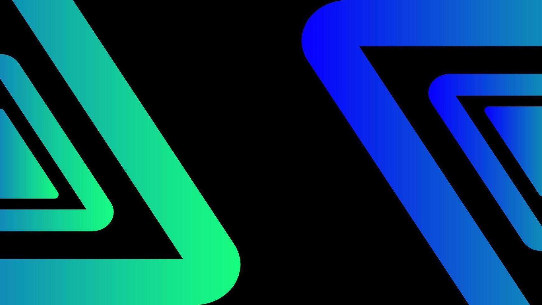 Abstract gradient triangle frames in green and blue on black background forming modern tech inspired geometric composition vector