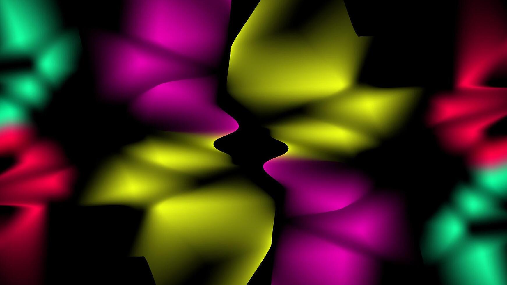 Abstract mirrored neon light shapes in yellow magenta cyan and red on black background forming psychedelic symmetrical pattern vector