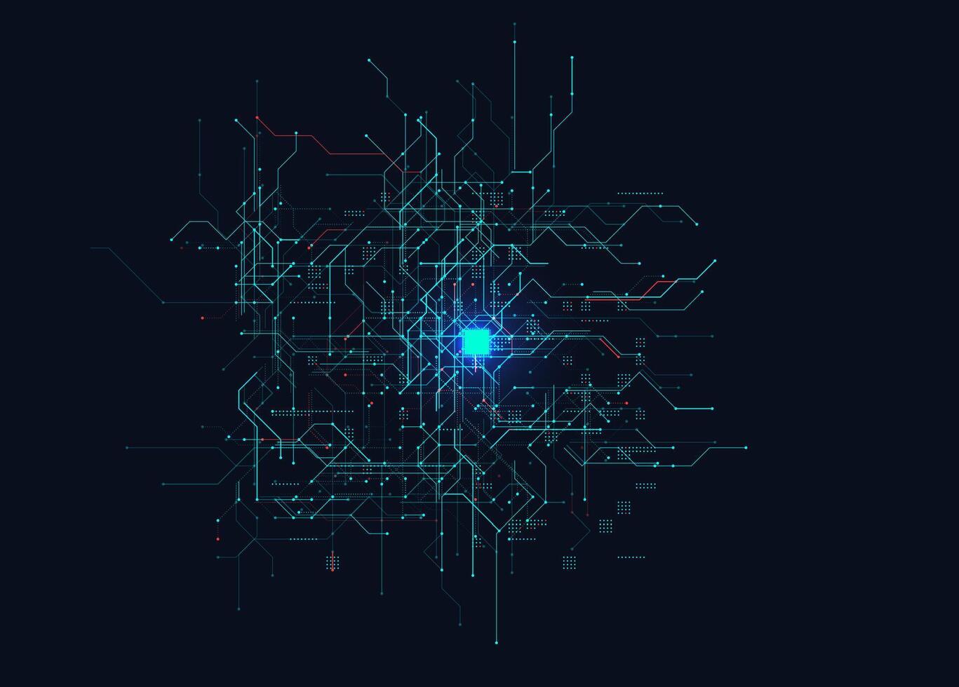 AI Neural Circuit Board Center Glow Data Flow Tech Background. Abstract Futuristic Digital Grid With Glowing Core And Complex Lines On Dark Interface. Cybernetic map BG. Illustration vector
