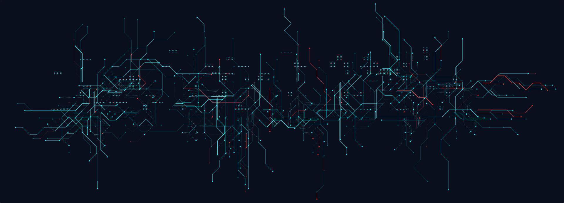 Cyber Circuit Lines With Red and Blue Tech Grid on Dark Background. Futuristic digital interface design with complex technology wiring and glowing nodes. Illustration vector