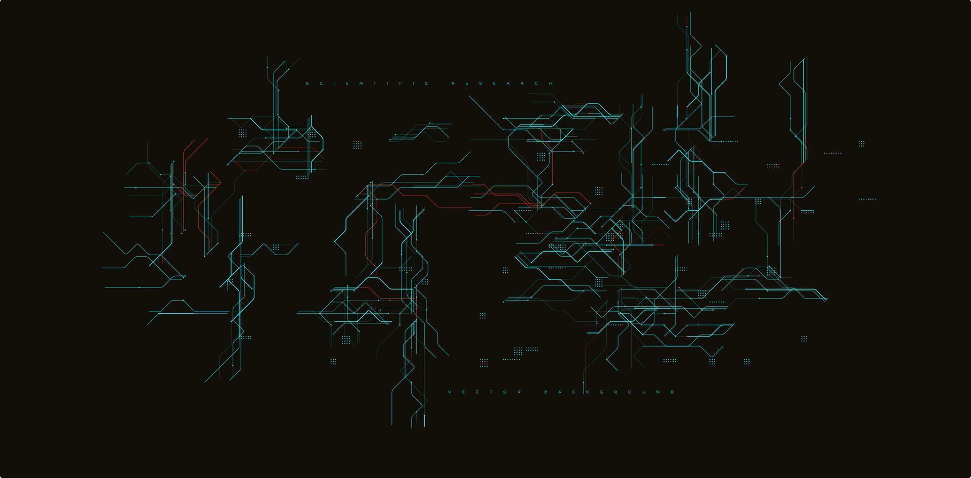 Scientific Circuit Board Lines Background. Futuristic Grid With Glowing Tech Paths, Microchip Design, And Neon Signals On Black. Ideal For Innovation, Research, AI Projects. Illustration. vector