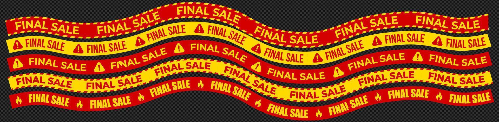 Curved red yellow tapes with bold Final Sale text, warning icons, flames. Creates urgency, hot deals impression. Used for retail ads, banners, product promos. Flat illustration. vector