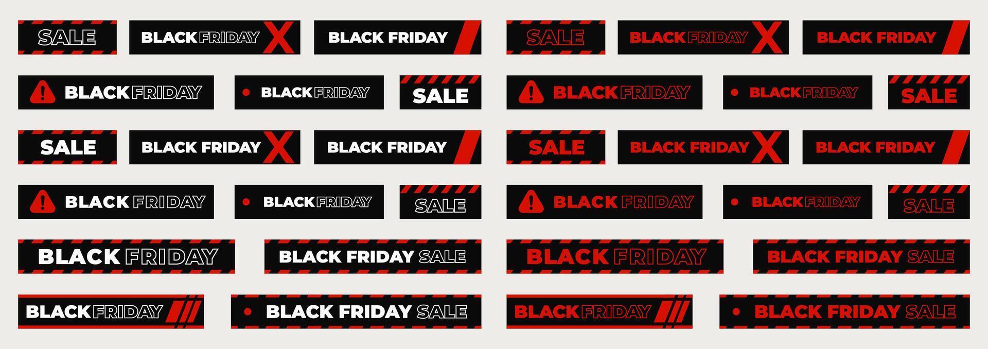Black Friday Sale Labels and Banners Collection in Bold Red and Black Style, Perfect for Web, Print, Digital Product, Social Media, E-Commerce Promotions. Illustration. vector