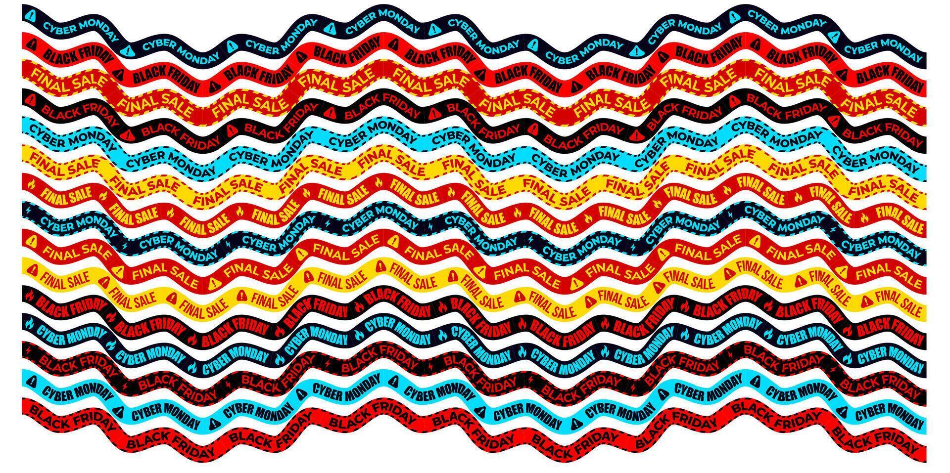 Wavy Sale Ribbons Set with Black Friday, Cyber Monday, Final Sale Messages. Eye-catching line banner tape for Retail, Ecommerce, and Promotion Design. Illustration vector