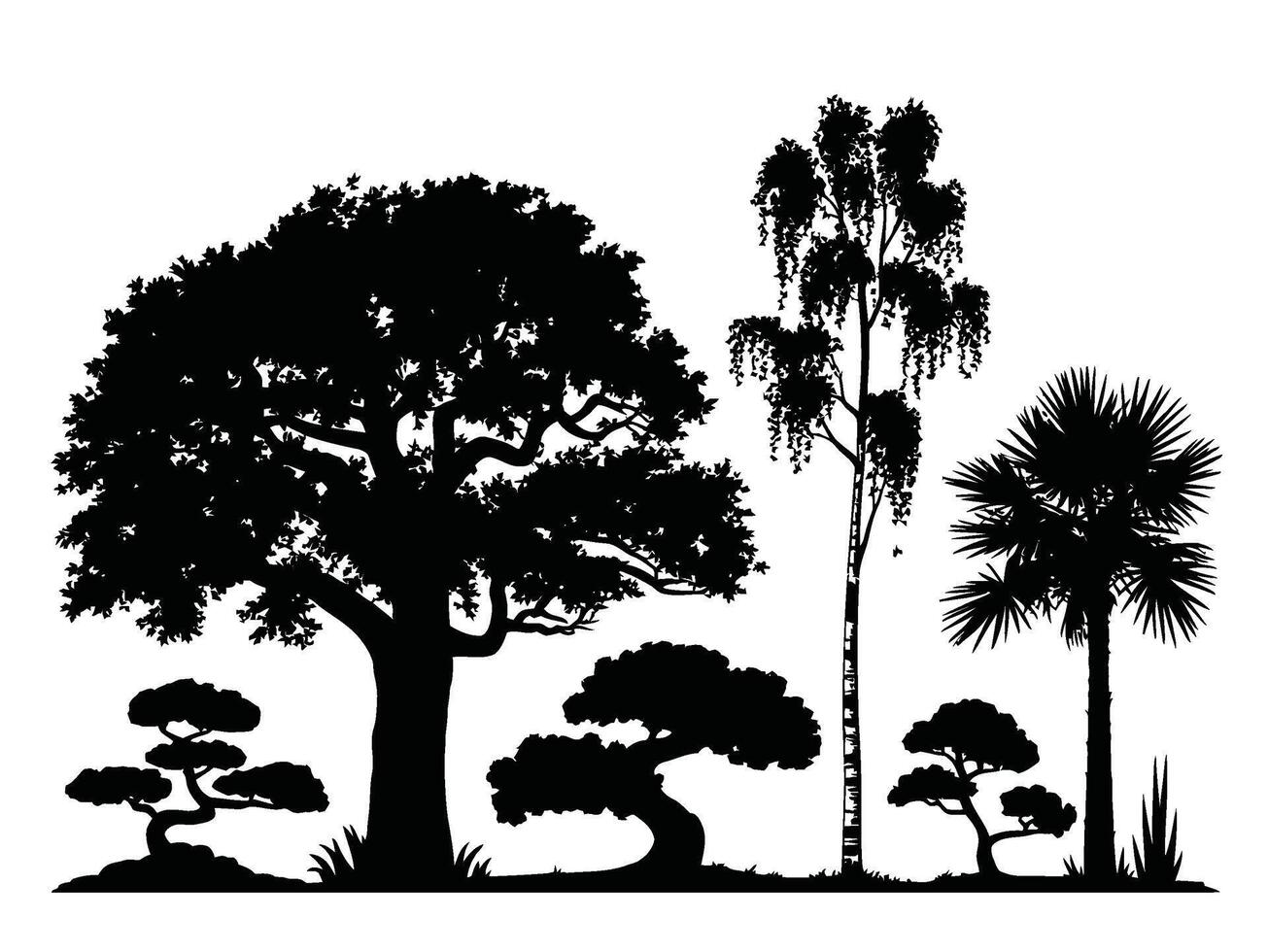 Black silhouettes of various trees. Collection of black trees for design. set of silhouettes of trees vector