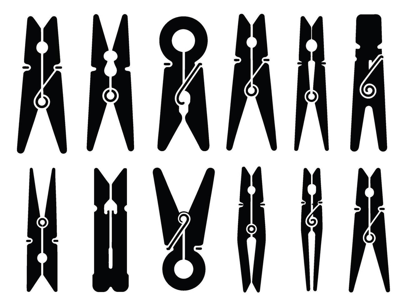Black silhouettes of different clothespins on white background vector
