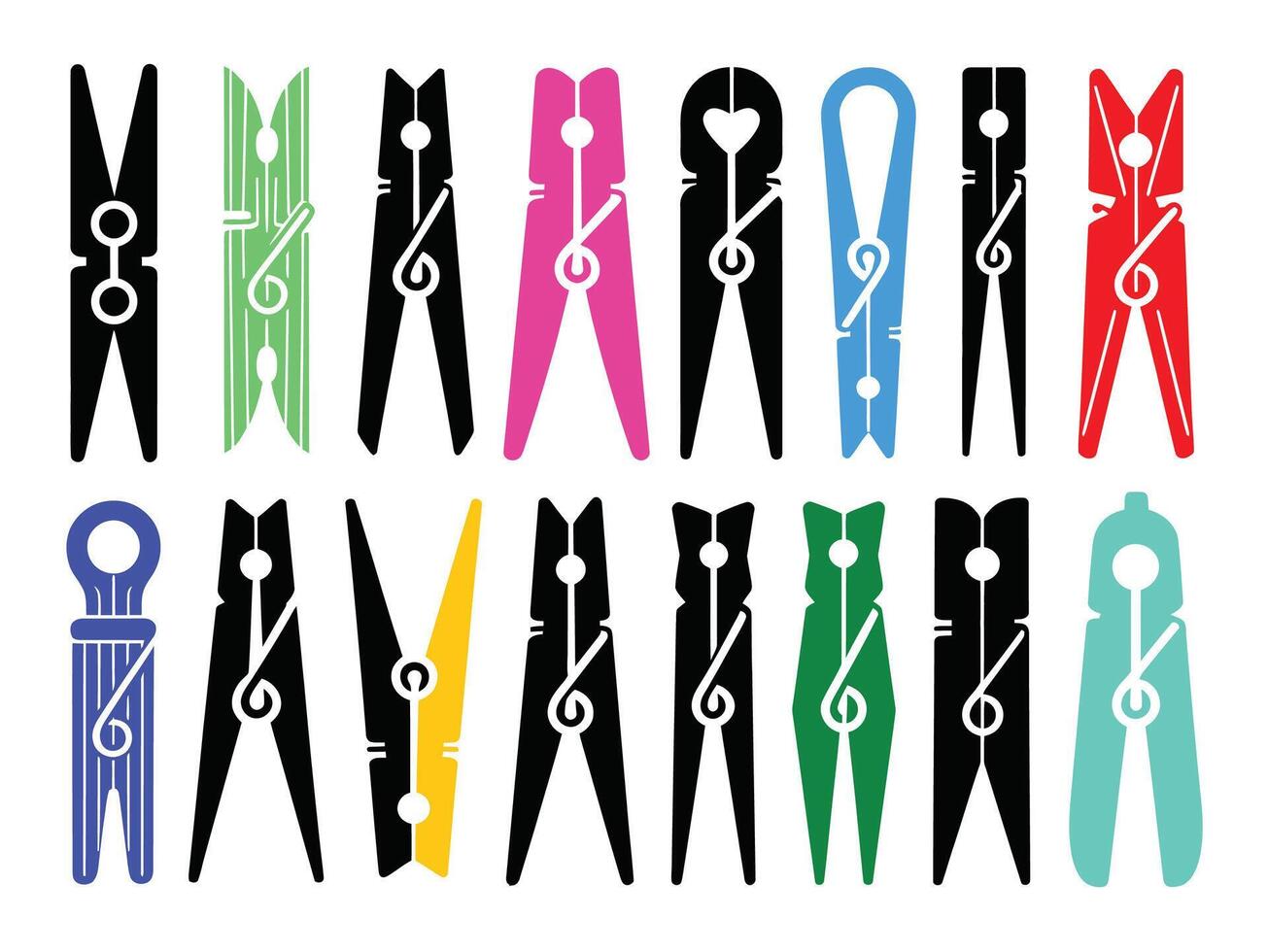 Colorful Clothespin Set, Household Clip Silhouette Icons vector
