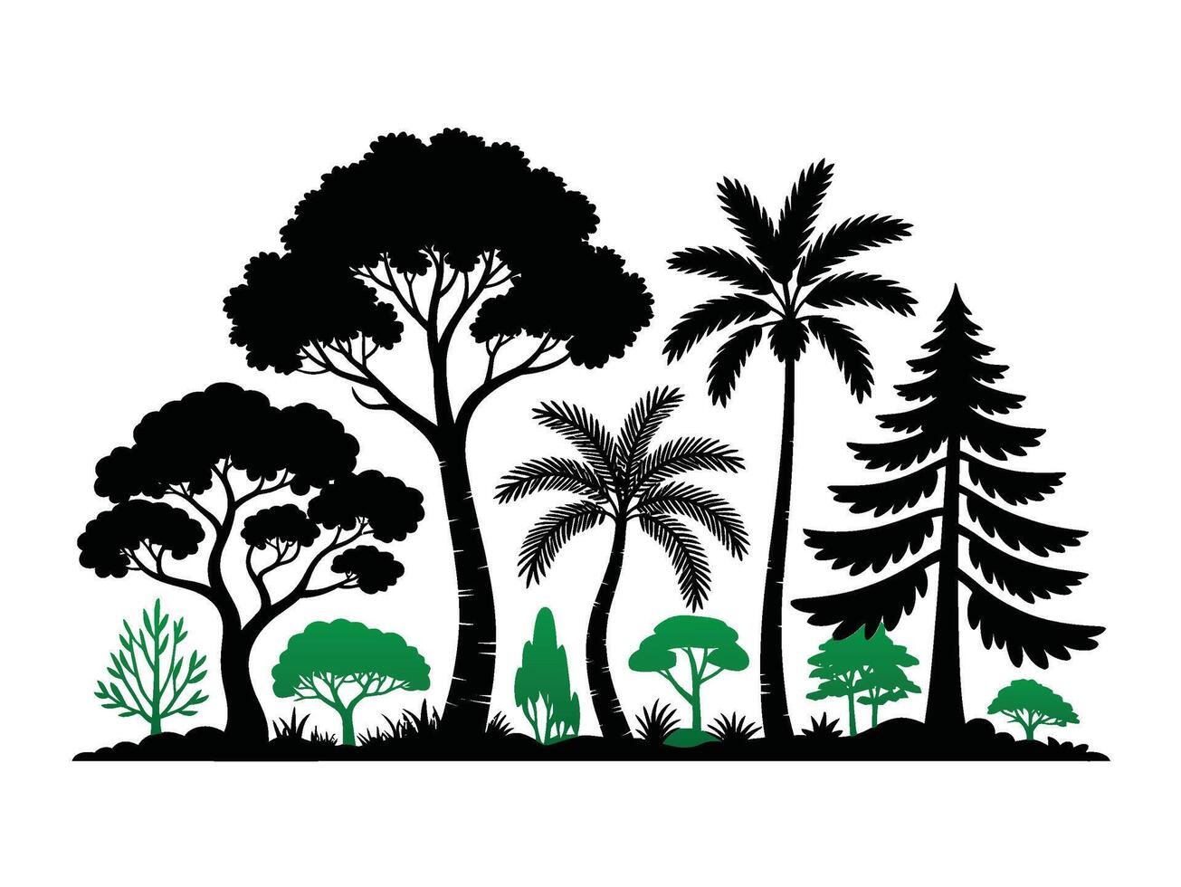 Forest silhouettes. A collection of diverse tree silhouettes, displaying varying shapes and sizes vector